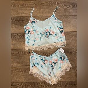 In Bloom By Jonquil Aqua Floral Lace Trim Sleepwear Set Large NWT